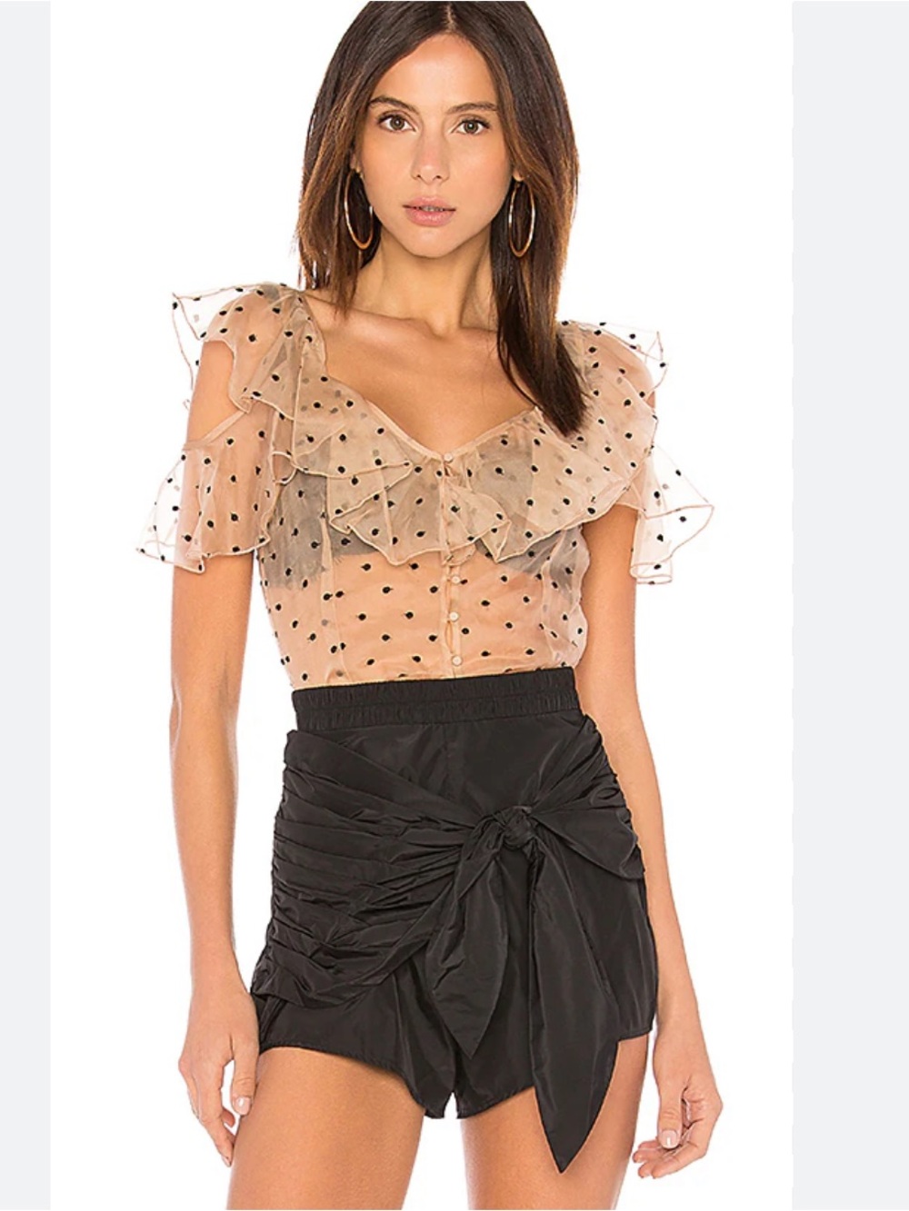 Alice McCall “Loyal Lover” 100% Silk Sheer Ruffle Sleeve Top in Swiss Dot